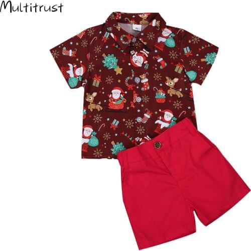Christmas Clothes 1-6Y Kids Boys Clothes Sets 2pcs Cartoon Santa Print Short Sleeve Single Breasted Shirts Shorts