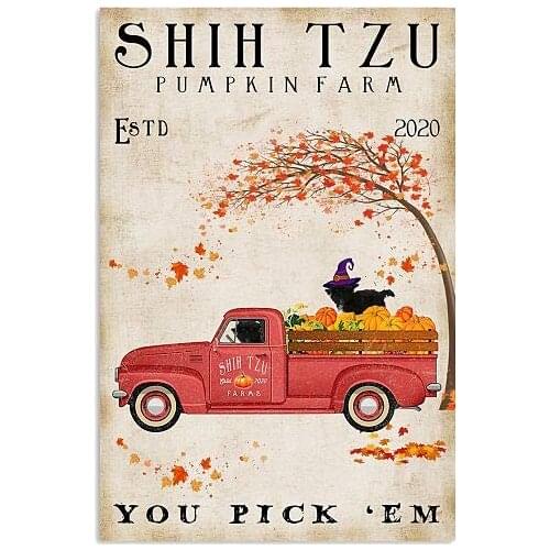 Shih Tzu Pumkin Farm Fall,Large Vintage Tin Sign Metal Poster for Backyard Courtard Farmhouse Cabin Lodge Wall Decor Art