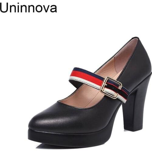 Platform Super High Heels Womens Pointed Toe Genuine Leather Stripe Lace Office Work Black Pumps Plus Size 32-43 Uninnova WP079