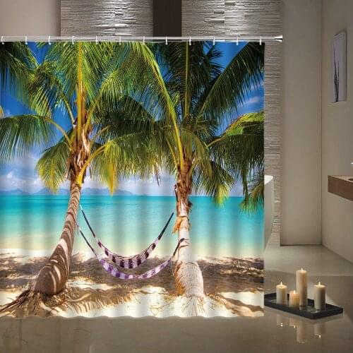 Beach shower curtain coconut tree blue sky sea beach scenery shower curtain home decoration waterproof polyester bath screen
