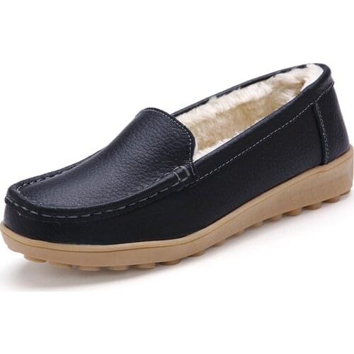 Genuine Leather Woman Flats New Winter Plush Boat Shoe Women Keep Warm Female Loafers Moccasins Mother Cotton Shoes