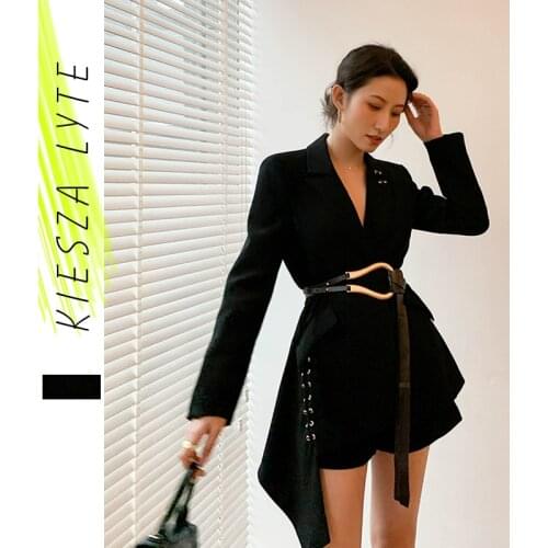 Womens Blazer With Belt Fashion New Irregular Slim Suit Work Office Lady Black Blazers 2020 Spring Summer Jacket High Quality