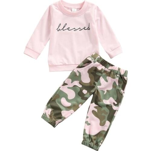 1-6Y Autumn Children Girls Casual Clothes Sets Letter Print Pullover Long Sleeve Sweatshirts+ Camouflage Print Long Pants 2pcs