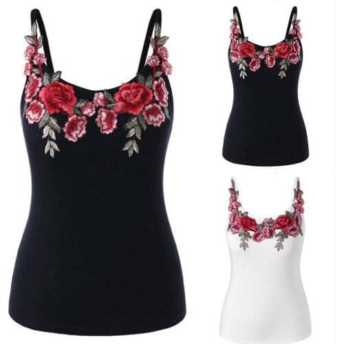 Women Summer Sexy Slim Rose Floral Camis Tops Ladies Vest Classic Strappy Embroidered Blouse Tee Summer Clothing