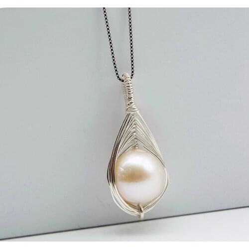 Ladies pendant necklace, natural white freshwater pearl, 925 sterling silver, handmade, personalized jewelry