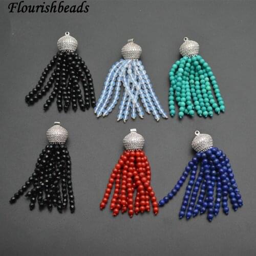1pc Various Natuarl Stone Loose Beads Tassel Paved CZ 925 Silvery Crown Metal Cap Pendant