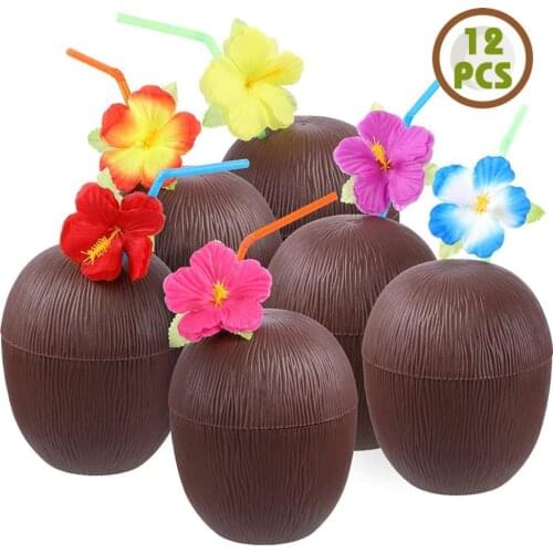 12Pcs Plastic Tropical Pineapple Coconut Drinking Cup Fruit Shape Juice Cups Hawaiian Luau Summer Beach Pool Party Decor