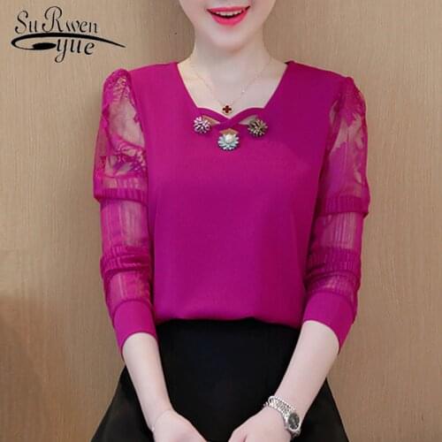 2021 Long Sleeve Chiffon Solid Blouse Women Shirt Ladies Tops Womens Clothing Hollow Lace Women Blouse Shirt Blusas D531 30