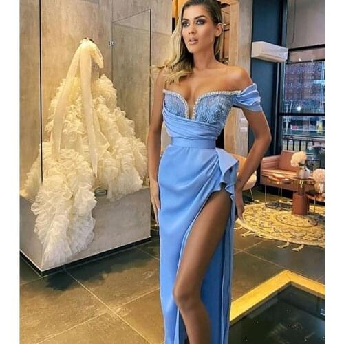 2021 Summer Sexy Blue High Side Split Prom Dresses Lace Pearls Long Prom Gowns Ruffles New Formal Dress Party