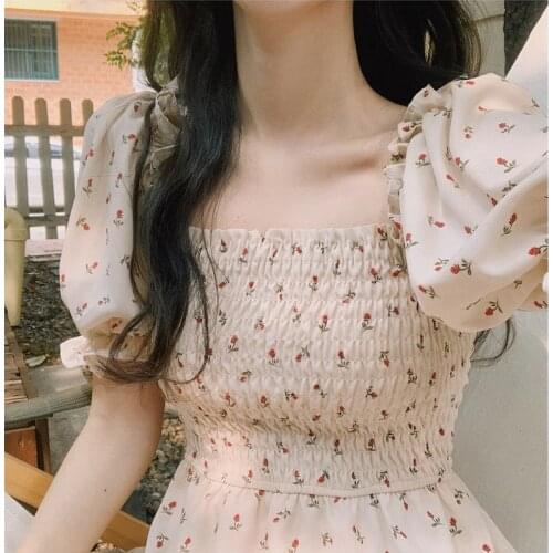 2021 Square Collar Chiffon Floral Dress Party Dress A Line Vestido Boho Black Mini Vestidos Verano Korean Cute Harajuku 15419