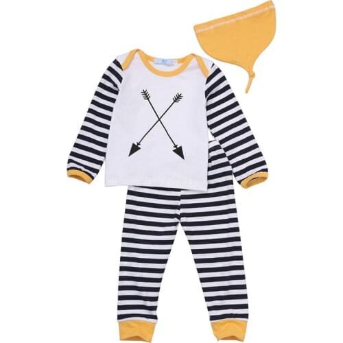 Newborn Toddler Baby Girls Boys Autumn Winter Lovely Sets 3PCS Long Sleeve Pullover Striped Arrow Print Sweatshirt Tops+Pant+Hat