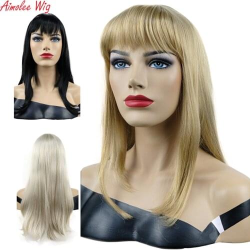 Aimolee Womens Synthetic Wigs Hair Long Straight Neat Bang Style Natura Wig Blonde /Black