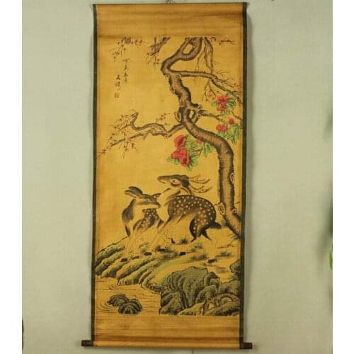 Antique painting traditional Chinese 2 Sika deer painting scroll painting,old paper painting