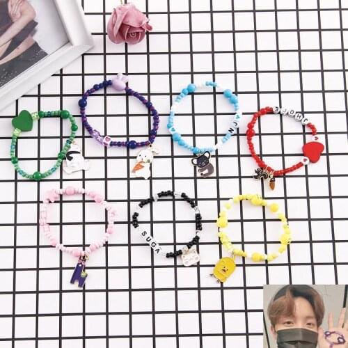 Kpop Bangtan Boys Bracelet Beads Letter Rope Cartoon Animals V JK SUGA ARMY Resin Bead Anklets Elasticated Rope Trendy Jewelry
