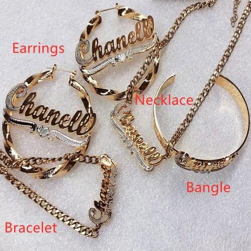 Custom Bracelet Necklace Bangle And Earrings Four-Piece Set Personalised Stainless Steel Custom Name Necklace Set Jewelry