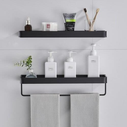 Black Aluminum Towel Shelf Bathroom Storage Rack Wall-mounted Tray Rack Vanity Shower Caddy Rack Spice Organizer 30/40/50cm
