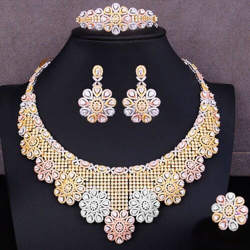 Blachette Fashion Luxury Flower necklace 4PCS For Women Wedding Festival African Indian Cubic Zirconia Dubai Bridal Jewelry Set
