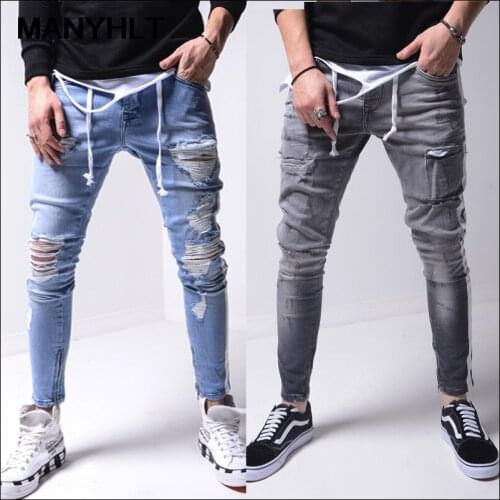 European And American New Style Mens High-end Self-cultivation Ripped Feet Pants Hip-hop Style Mens Jeans Casual Pants Y2K
