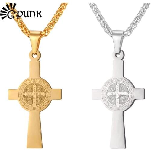 U7 mens saint benedict cross necklace with stainless steel chain religion jewelry P2517G