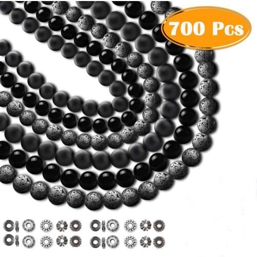 Natural 6mm 8mm Gem Stone Set Kits 700 Pieces Black Lava Onyx Beads Accessories With Cord for Bracelet Diy Jewlery Making