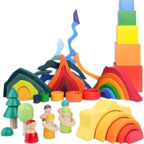 New Linden Wood Rainbow Stacker Nesting Puzzle Toys Tunnel Stacking Game Montessori Toys Baby Wooden Building Blocks Toddler Toy