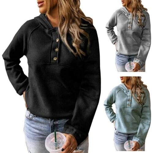 Autumn Long Sleeve Pullover Sweatshirt Casual Solid Women Harajuku Hooded Sweatshirt Female Winter Button Loose Hoodies Tops 3XL