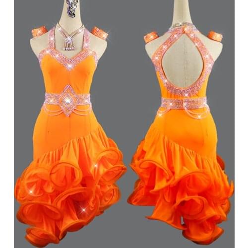 Latin Dance Dress Women Fashion Orange Sexy Backless Performance Dresses Salsa Rumba Chacha Samba Lady Competition Wear DN6095