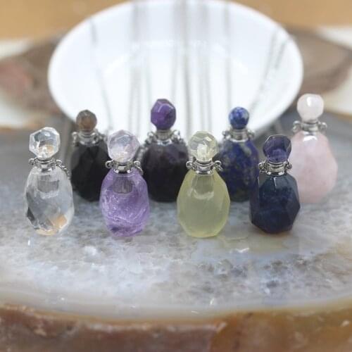Plated Silvers Chain Faceted Crystal Quartz Perfume Bottle Pendant,Natural Gems stone Essential Oil Diffuser Vial Necklace Charm