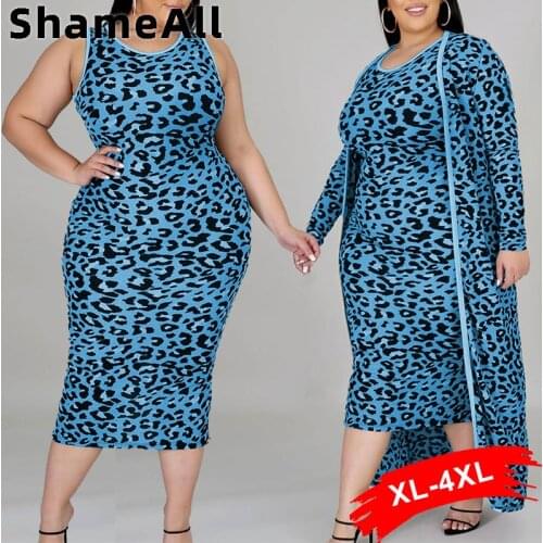 Plus Size Leopard Print Vest Dress Long Cardigan 2 Two Pieces Sets 4XL Fall Spring Office Lady Work Wear Outfits Matching Set