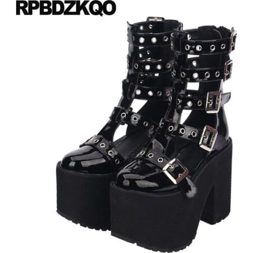 Exotic Dancer Women Ankle High Heel Big Size 12 44 13 45 Shoe Sandals Gladiator Chunky Gothic Platform Boots Punk Patent Leather