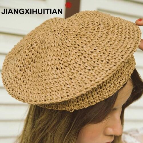 New Beige Raffia Sun Hat Straw Women Summer Casual Elegant Ladies Beret Hat French Style Fashionable Spring Vintage Painters Hat