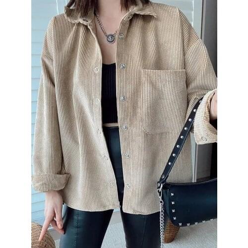Stylish Chic Loose Pocket Corduroy Shirt Jacket Women Fashion Turn-down Collar Long Sleeve Coat Female Casual Streetwear