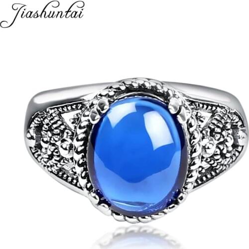 JIASHUNTAI Vintage 925 Sterling Silver Round Rings Retro Thai Silver Blue Red Stone Resizable Ring Jewelry For Women