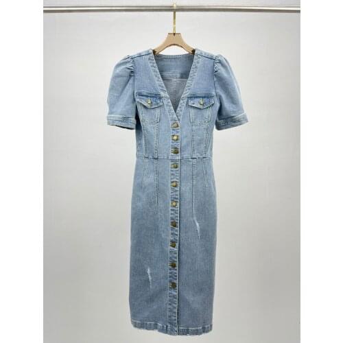 High 2021 Summer Qualtiy Women Casual V Neck Cotton Denim Cowboy Short Sleeve Dress For Female Rmsx 5.27