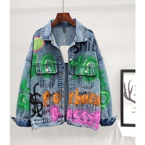 Womens autumn winter casual loose letter graffiti denim jacket female high waist plus size short jean jacket TB829