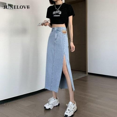 JuneLove Summer 2021 New Womens Long Denim Skirt Vintage High Wasit Jeans Skirt Female Straight Side Split A-line Pencil Skirts