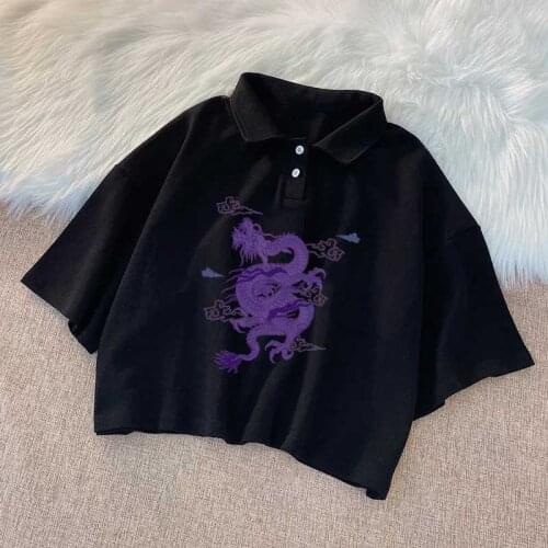 Women T-shirt Harajuku dragon kpop ropa y2k Crop Tops Aesthetic Vintage Femme Lapel top polo shirts short sleeve gothic T-shirt