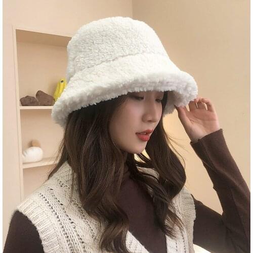 Women Hat Solid Wool Fur Warm Female Cap Faux Fur Winter Bucket Hat for Women Outdoor Sunscreen Sun Hat Panama Lady CL032