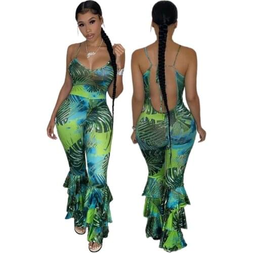 Women Spaghetti Strap Jumpsuits 2021 Print Sexy Lady Sleeveless Floor Length Ruffles Trousers Backless Jumpsuits New Arrivals