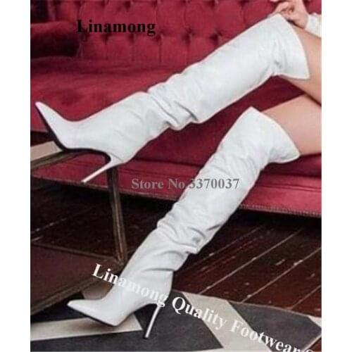 Linamong Women Elegant Pointed Toe Over Knee Stiletto Heel Boots White Leather Slip-on Long High Heel Boots Club Dress Shoes