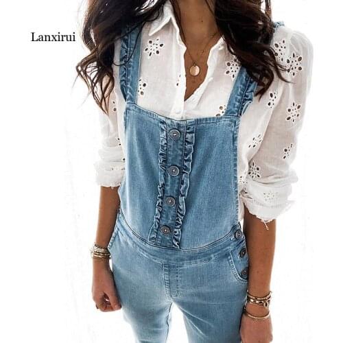 Summer Fashion Ladys Jumpsuit Double Shoulder Strap Button Denim Jumpsuit Womens Casual Jeans Overalls Rompers Womens Jumpsuit