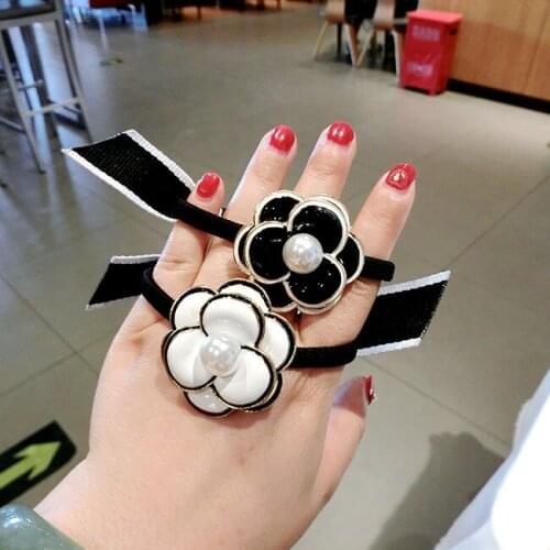 Korean Metal Camellia Flower Headband Fabric Pearl Bow Rubber Hair Band Hair Accessories for Women Wedding Fashion Jewelry