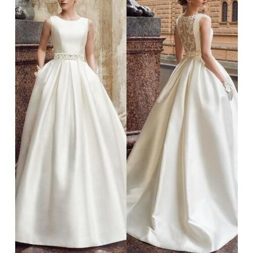 Elegant Long Satin O-Neck Wedding Dresses with Pockets Beaded Back Vestidos de Novia Abendkleid Bridal Gown for Women