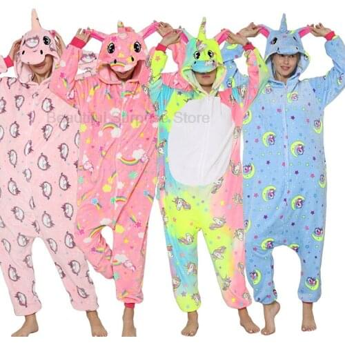 Winter New Flannel Parent-child Suit Series Kigurumi Cartoon Animals Rainbow Unicorn Warm Pijamas Boys Girls Home Warm Clothes