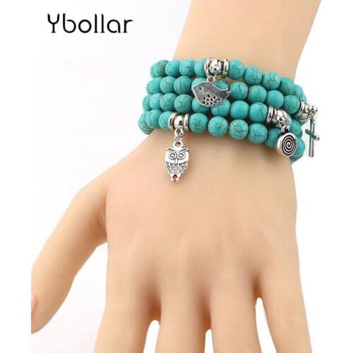 1pc Boho Vintage Turquoises Bracelets for Women Men Cross Tree Owl Hand Pendant Charm Beaded Bracelet Bangle Fashion Jewelry