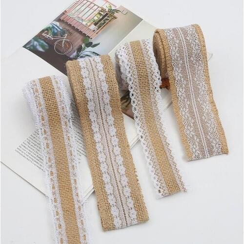 2M/Lot 40-65mm Natural Jute Burlap Hessian Lace Ribbon with White Lace Trim Edge Rustic Vintage Wedding Centerpieces Decoration