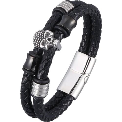 2020 Fashion Men Bracelet Black Double Circle Leather Skeleton Stainless Steel Magnet Buckle Bracelet Man Skull Jewelry BB0940