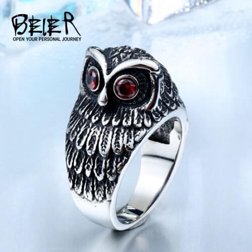 BEIER Vintage 3D For Man Woman Unisex Stainless Steel Fashion Red Eye Bird Owl Animal Ring BR8-298