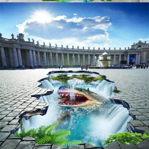 Beibehang Custom photo floor painting painted shark waterfall hanging mountain 3D stereo outdoor painting floor tiles painting