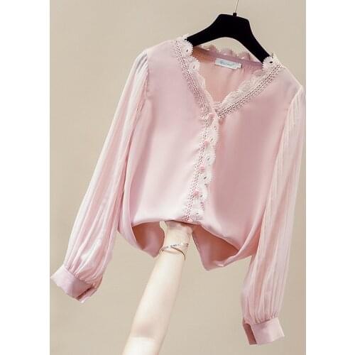 Long Sleeve Blouse Women Blusas Mujer De Moda 2021 Lace V-Neck Pink Chiffon Blouse Shirt Tops Blusa Womens Tops And Blouses D781